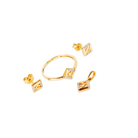 JUEGO ROMBOS ANILLO, ARETES Y DIJE 
CIRCONIA 1MM 
ORO AMARILLO 10K MEX