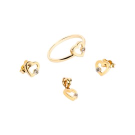 JUEGO CORAZON ANILLO, ARETES Y DIJE 
CIRCONIA 1MM 
ORO AMARILLO 10K MEX